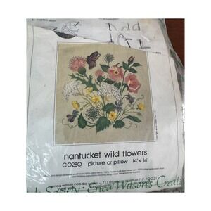 Vintage 1981 Erica Wilson Nantucket Wild Flowers Crewel Picture/Pillow Kit 14"